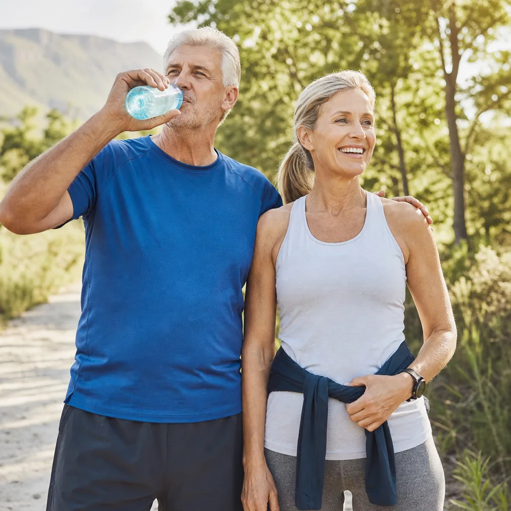 Active couple in their 60s on a morning walk